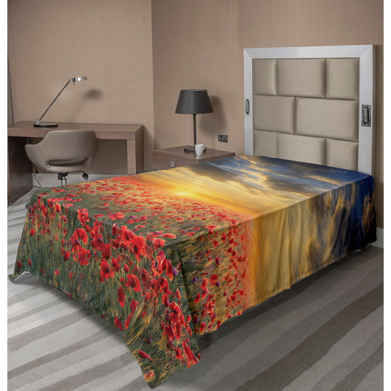Ambesonne Poppy Flower Top Flat Sheet Scenic Field Sunset Twin Multicolor, Drap plat pour lit simple
