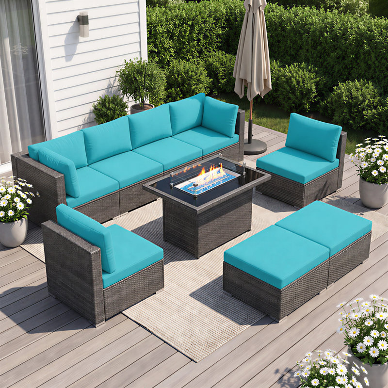 Ensemble de canapé modulaire en osier 7 pièces avec table de foyer et coussins de siège profond 7 pièces, Teal, Gris