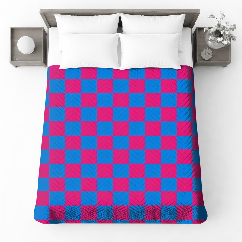 Blue Pink Checkered Quilted Bedspread All Sizes, Twin