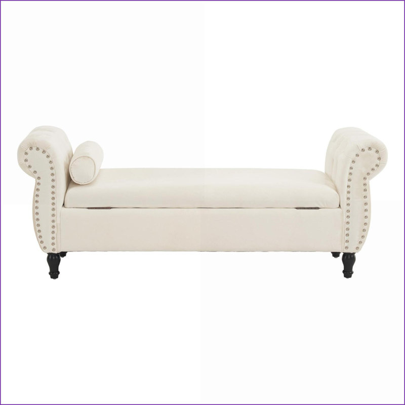 Banc de rangement repose-pieds en velours beige avec coussin | Structure en bois | Design classique, Beige