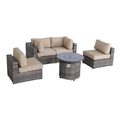 Outdoor With Cushions And Adjustable Flame Fire Pit, Handcrafted From , Mixed Gray Frame, Space Design For Gardens Comfortable Foam Propane Flame, Weather- Structure