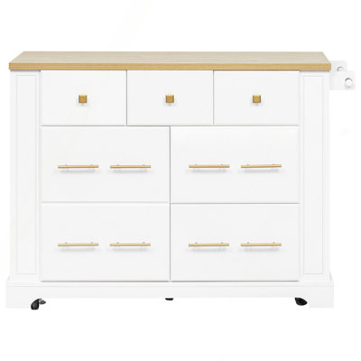 Kitchen Island With 6 Drawers, Pull Out Trash Can Storage, Rolling Kitchen Island On 5 Wheels With Drop Leaf, Power Outlet, 5 Open Side Racks For Kitchen, Dining Room