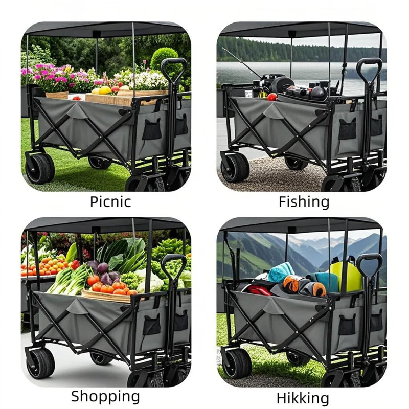 Extra Large Collapsible Wagon W/removable Canopy, 250lbs Foldable Garden Cart W/rear Storage, Big Wheel&adjustable Handles