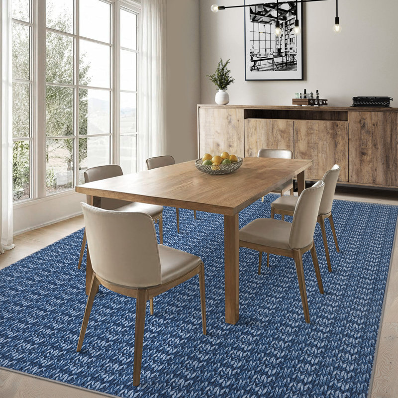 Modern Rug for Living Room 5x7 Non-Slip Printed Braided Throw Rug, Contemporary Solid Accent Carpet, Machine Washable Indoor Floor Cove for Bedroom, Kitchen, Office, Blue