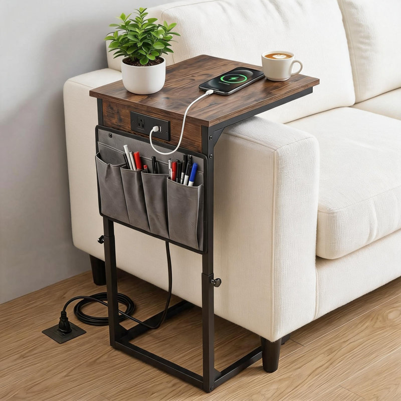 Table de bout en C avec station de charge, table d'appoint pour canapé - petite table de bout en C mince pour le salon, lecture - couleur brûlée