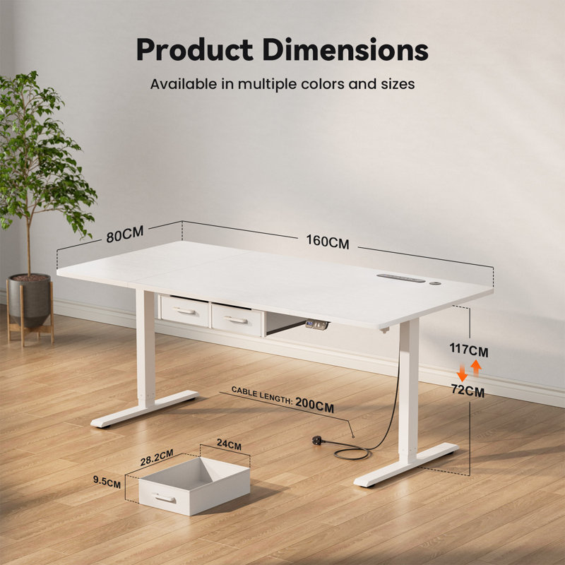 Adjustable Metal Base Standing Desk with Power Outlet, White/White, 160cm W x 80cm D