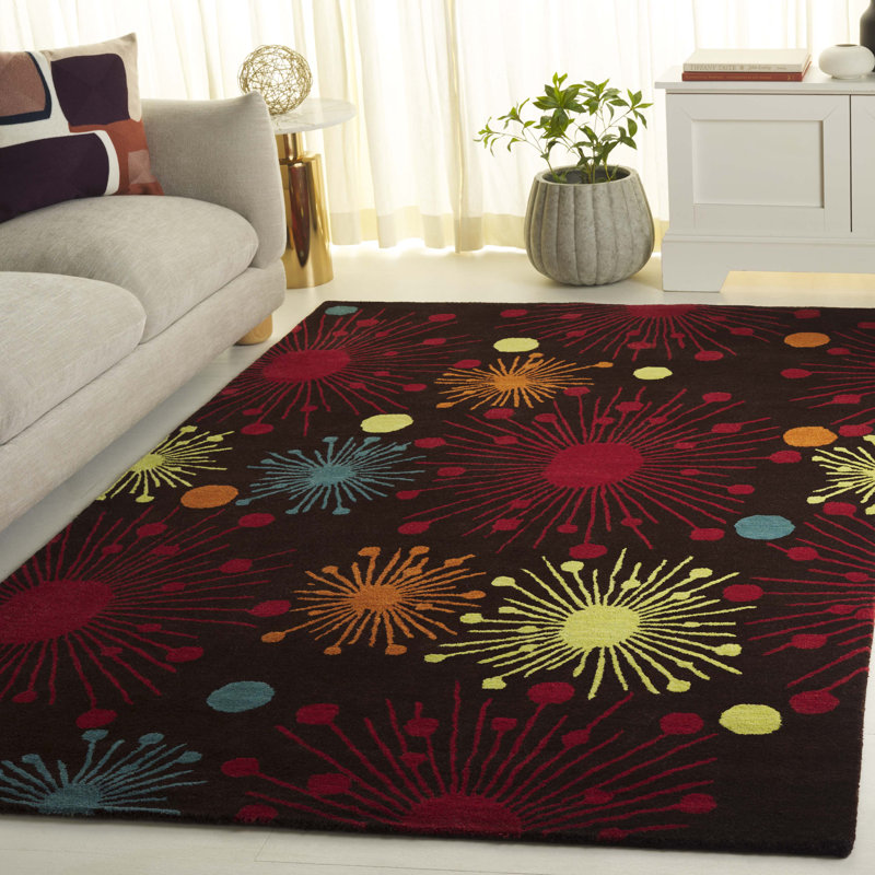 Tapis noir / rouge en laine touffeté à la main à motif abstrait Amier, Rectangle 5 pi x 8 pi