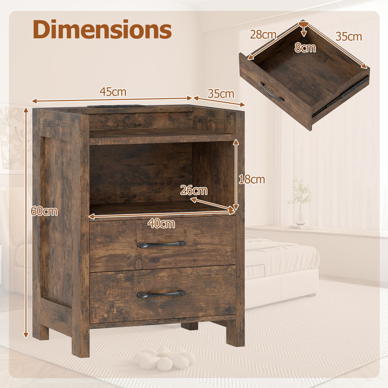 45cm W Manufactured Wood Bedside Table, Rustic Brown