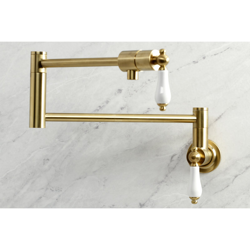 Kingston Brass Duchess Two-Handle 1-Hole Wall Mount Pot Filler Faucet, Brushed Brass/White