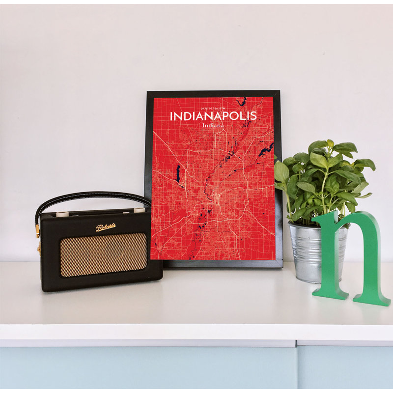 «Indianapolis City Map», reproduction d'impression sur affiche en rouge, H 24 po x l 18 po