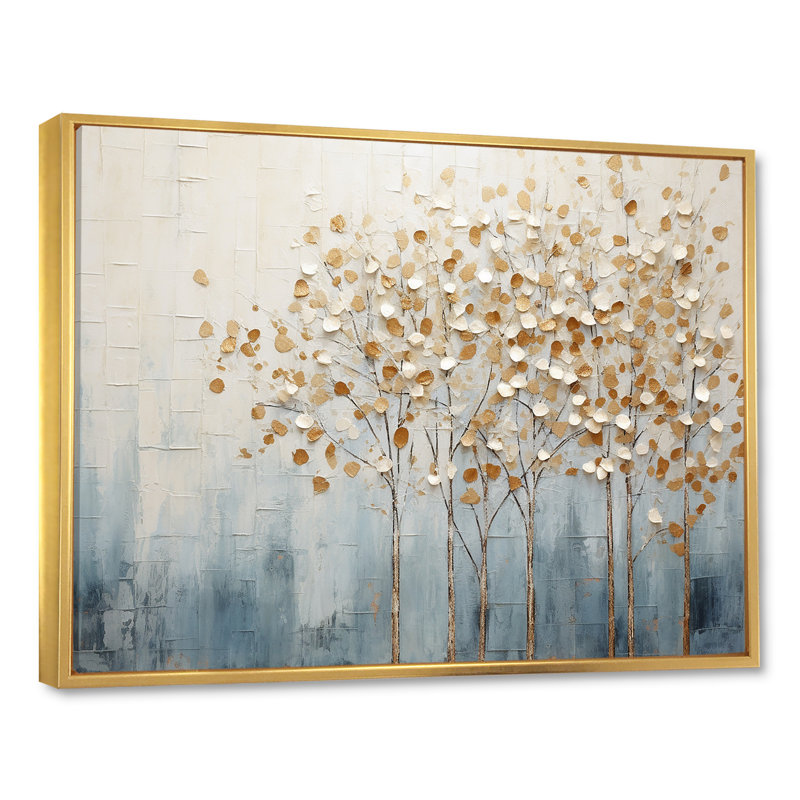Harmonie d'arbres dorés et bleus V - Arbres, reproductions encadrées, Cadre flottant doré, H 16 po x l 32 po x P 1 po