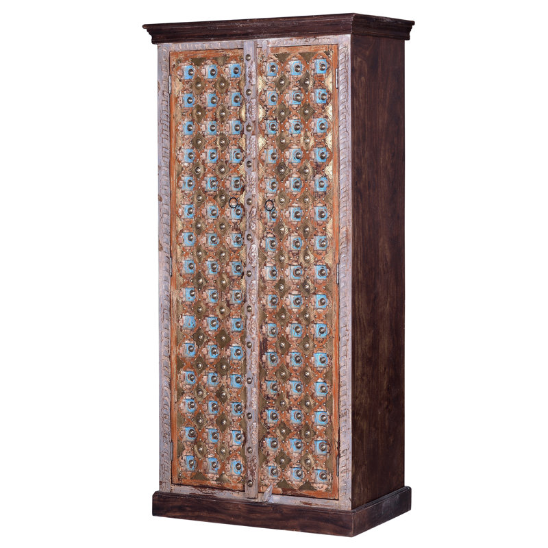 Elspeth 2 Door Solid Wood Wardrobe, Blue/Gold