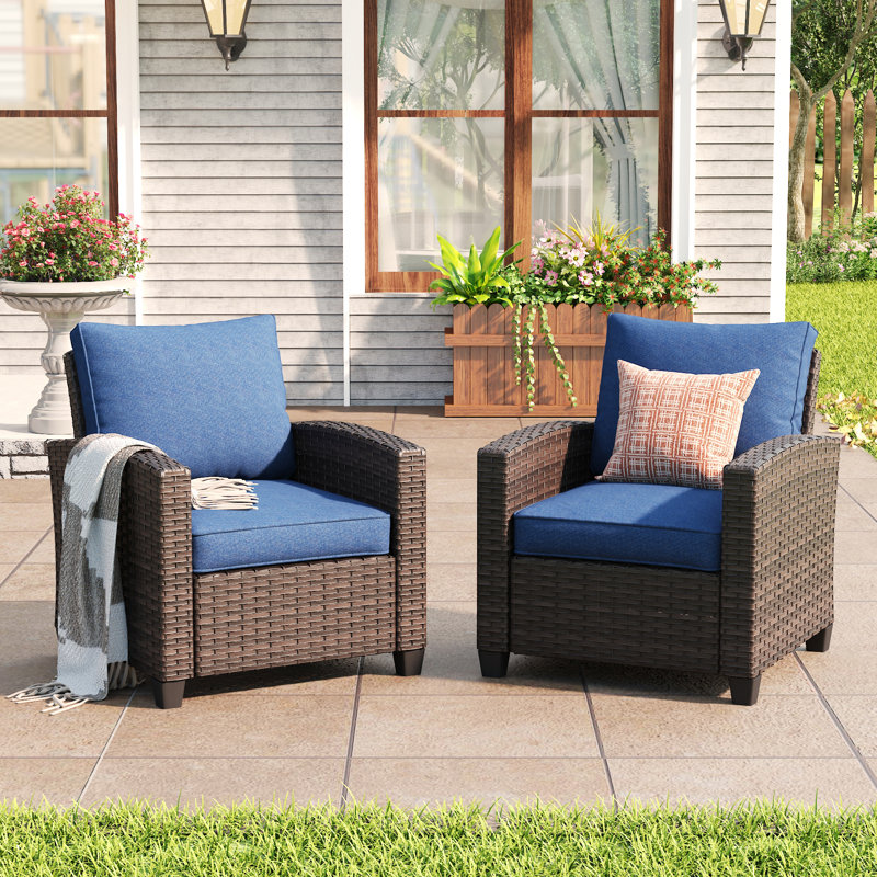 Patio Wicker Sofa Chairs with Cushions, Brown Frame/Slate Blue Cushion