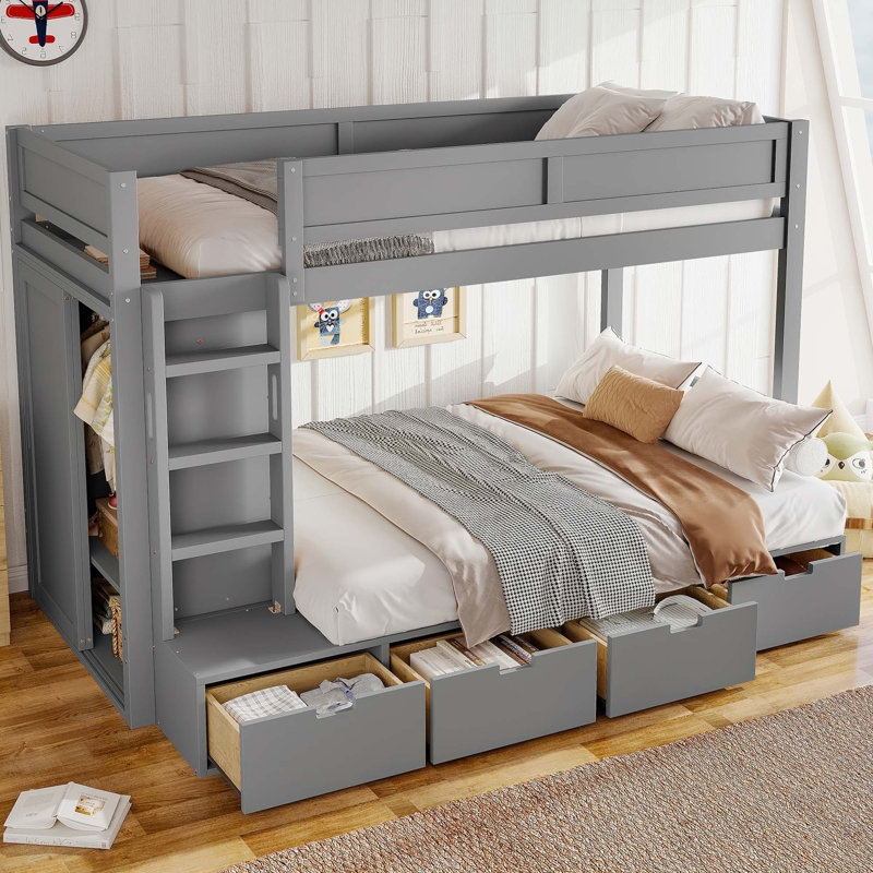 Lit superposé simple au-dessus de simple avec rangement intégré et tiroirs de rangement, Grey, Twin