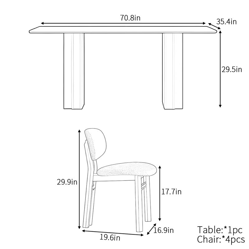 French retro simple rectangular dining table set, 29.5"H x 70.8"L x 35.4"W