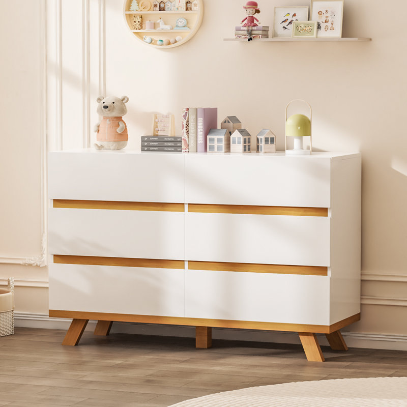 Commode blanche très brillante pour la chambre à coucher, commode 6 tiroirs avec large commode pour le salon