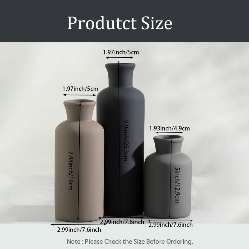 Ensemble de 3 vases en céramique pour décoration intérieure, Noir / Vert/ Gris