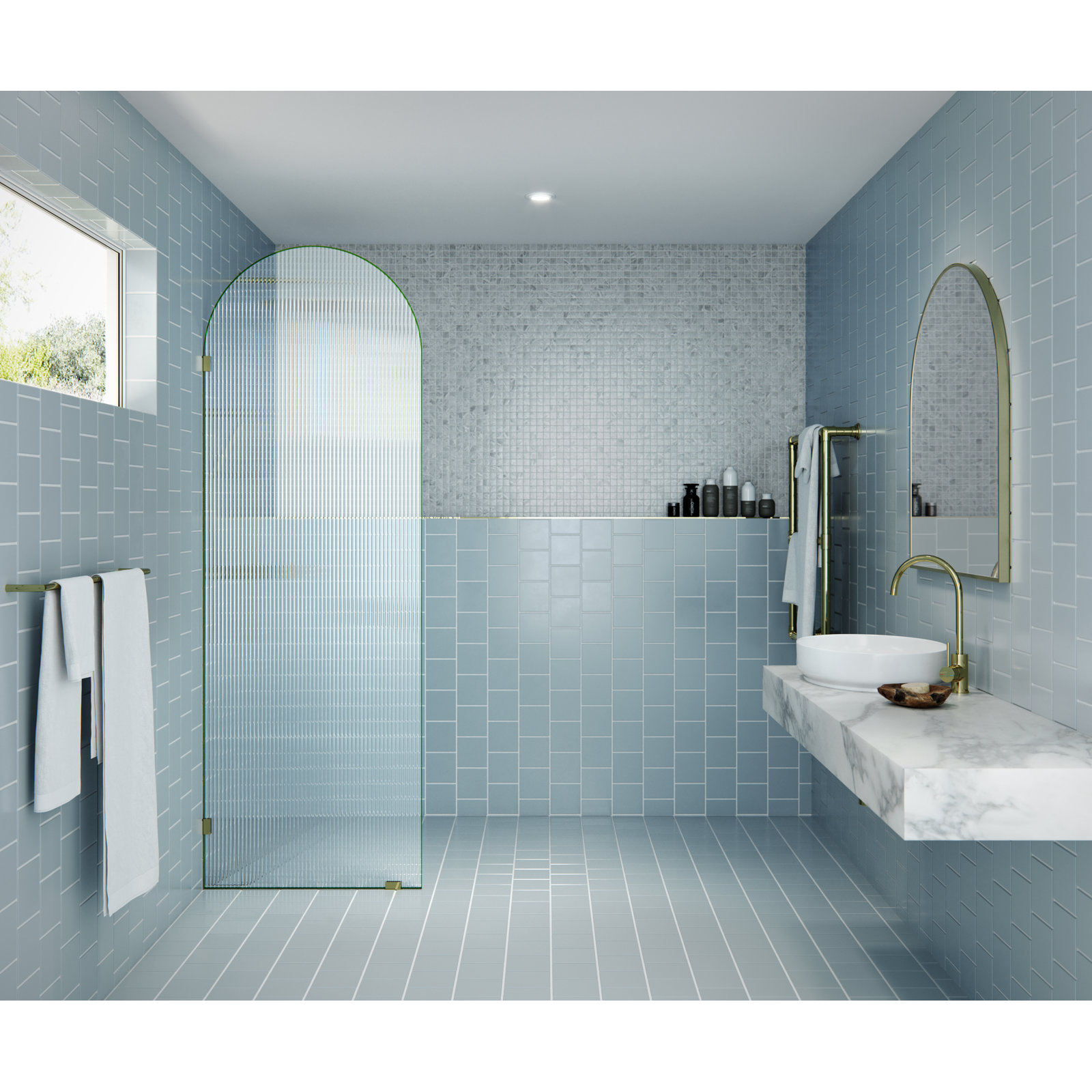 Maven Frameless Arched Fluted Shower Panel, Polished Brass