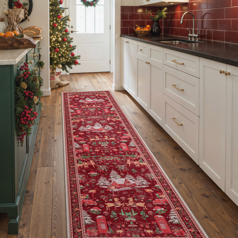 Tapis rouge lavable à la machine Christmas, Tapis de couloir 2 pi x 10 pi