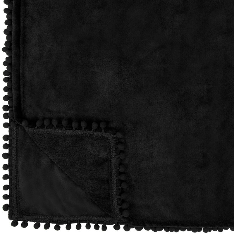 Black Fleece Pom Pom Fringe Throw Blanket