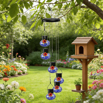 Mangeoire à colibri à énergie solaire avec carillon éolien et lumières DEL - 6 ports en verre à l'épreuve des fuites, conception givrée, décoration de jardin extérieure résistante aux intempéries