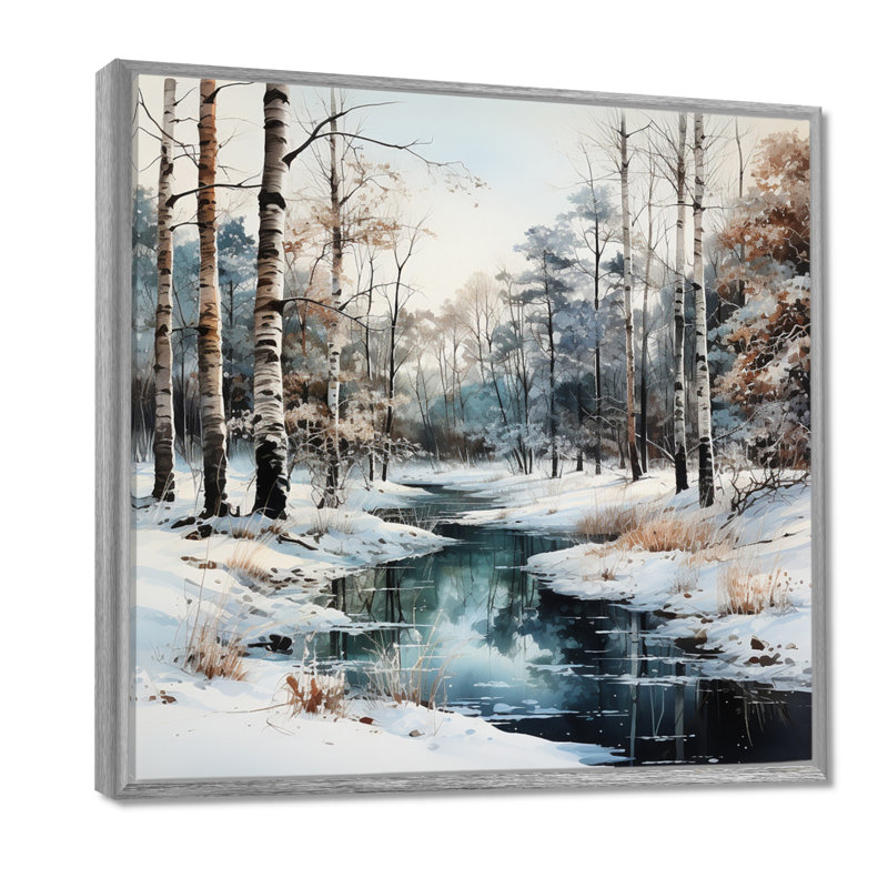 Rivière en forêt, paysage d'hiver - impressions sur toile de forêt, H 36 po x l 36 po x P 1,5 po, Encadrement argenté