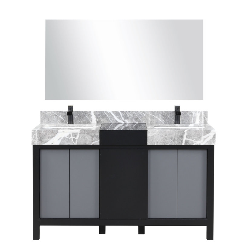 Meuble-lavabo double noir et gris, 55 po L 22 po x P 22 po, plateau en marbre, robinet inclus, miroir 53 po, base en bois large, comptoir Scratch mat