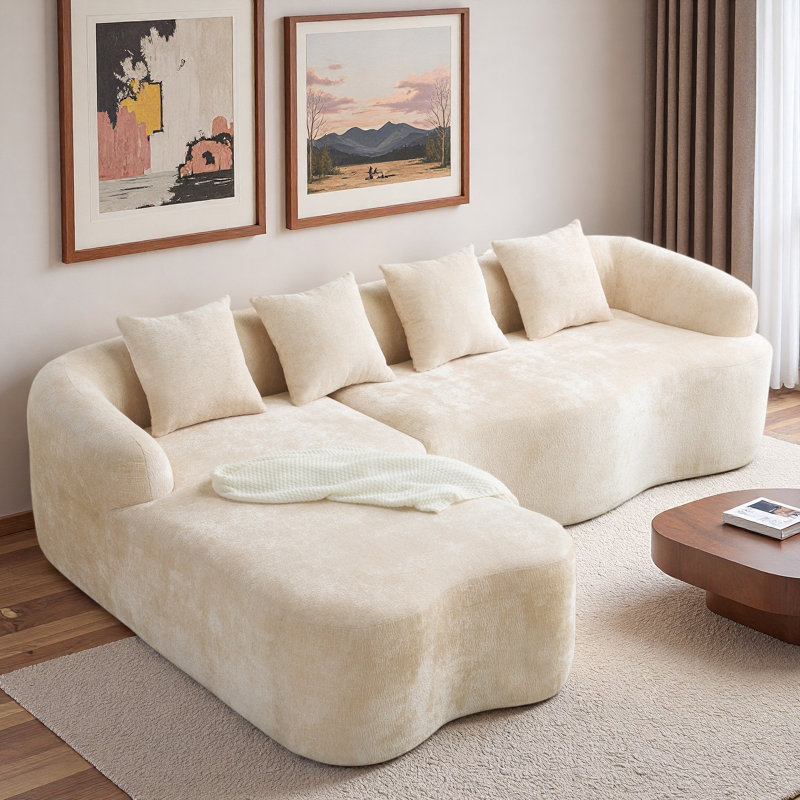 Canapé modulaire en L en chenille à compression complète avec méridienne courbée et coussins, Tissu beige