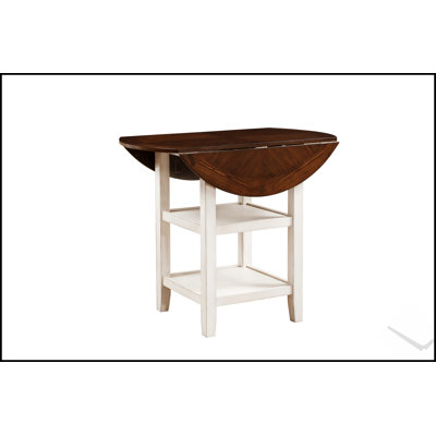 Table de hauteur comptoir blanche et cerisier foncé avec 2 tablettes inférieures, abattant latéral pour la cuisine