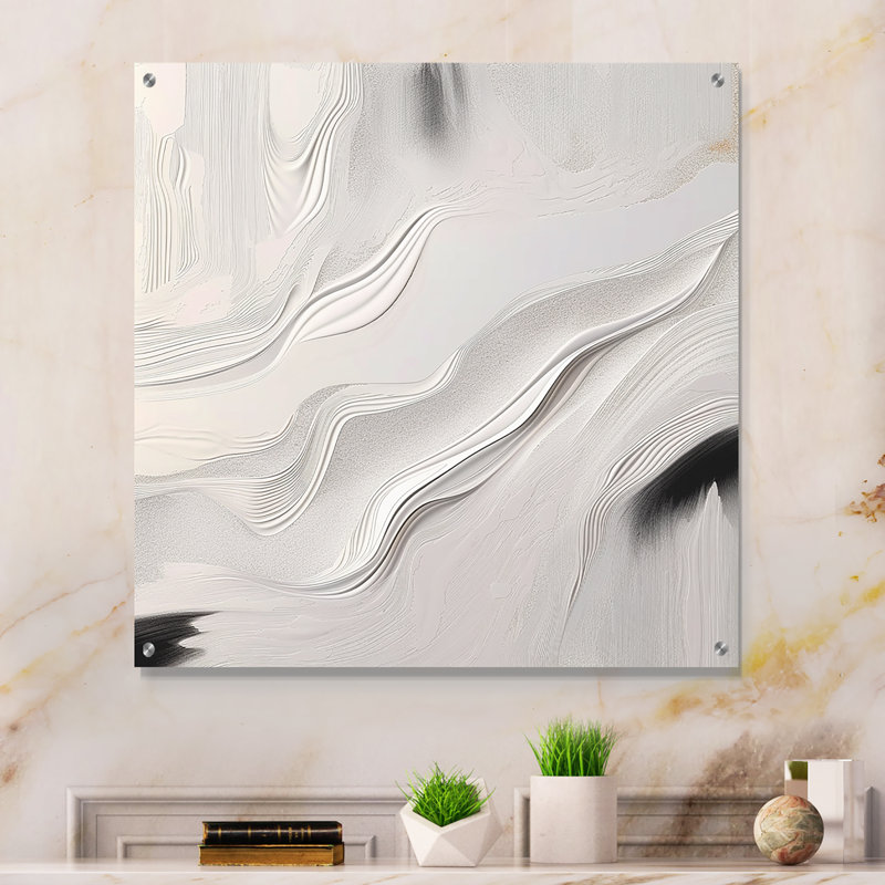 Blanc et gris ondulations de pierre V - art mural acrylique abstrait en marbre, H 16 po x l 16 po