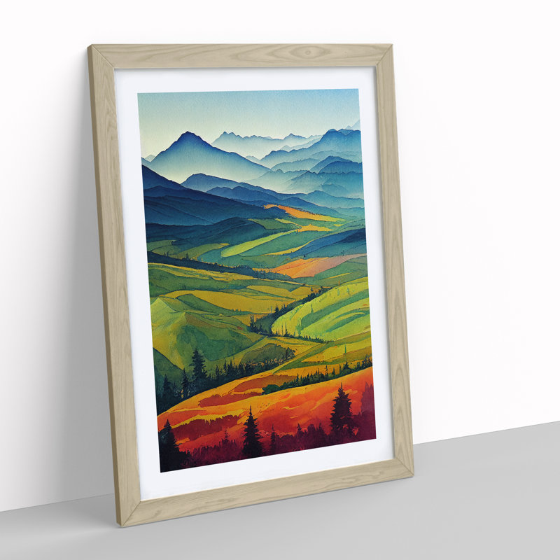 Watercolour Meadow Landscape No.1 - Wall Art, 34cm H x 25cm W, Oak Frame, White