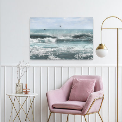 Oiseaux de mer parmi les vagues, art abstrait de paysage côtier