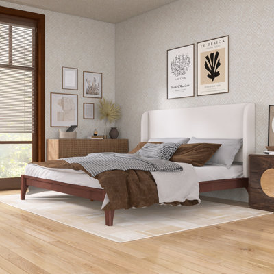 Solid Dry Bamboo Wood Bed With 48" Upholstered High Headboard