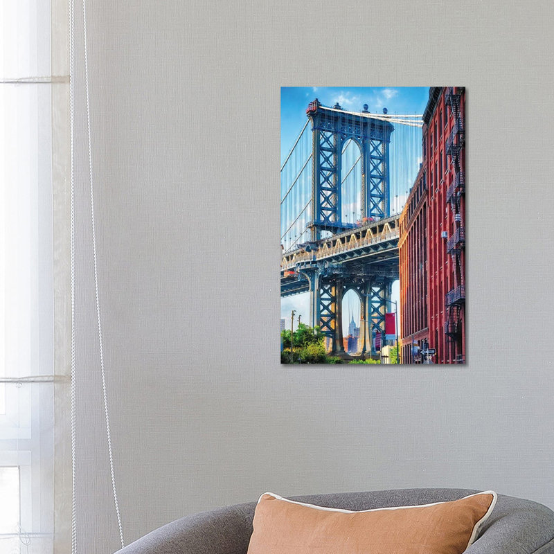 Street View Of The Manhattan Bridge Brooklyn Tower, New York City by George Oze - Wrapped Canvas Print