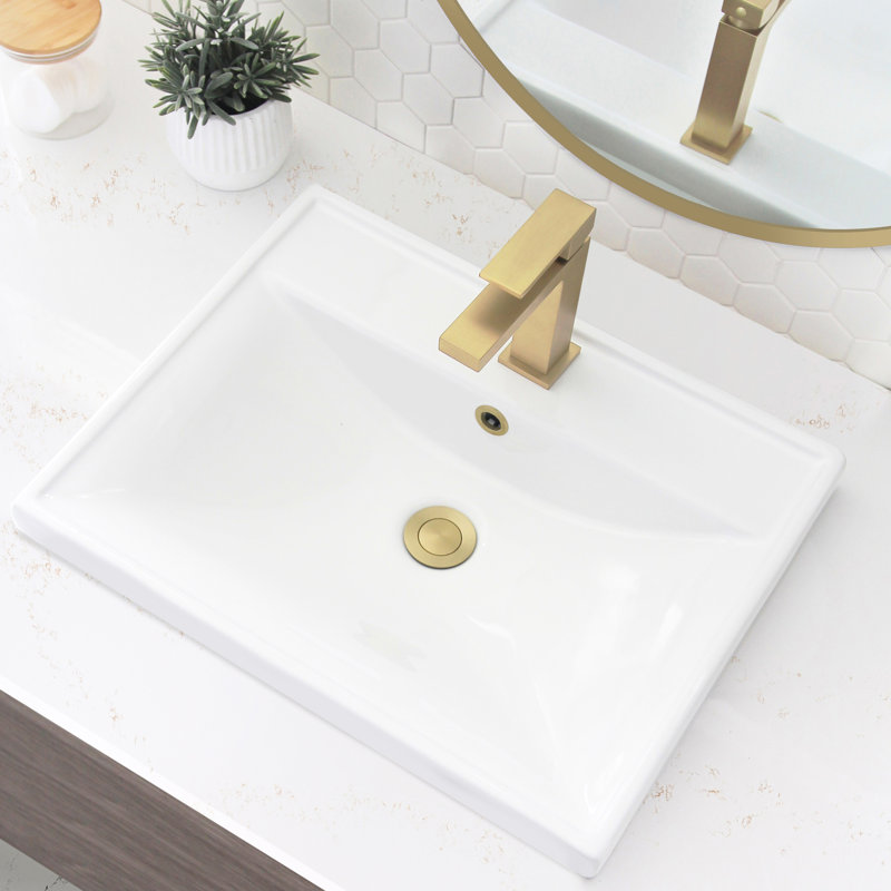 White Rectangular Ceramic Drop-In Bathroom Sink with Overflow