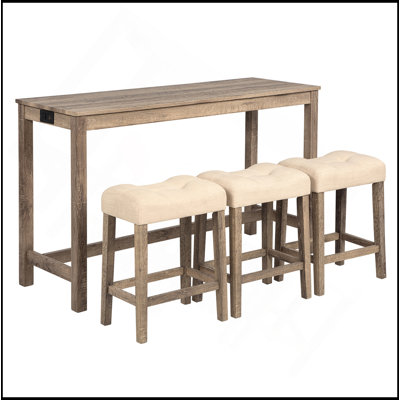 4-Piece Bar Table Set With Power Outlet, Dining Bar Table And Chairs Set,Bar Table Set With 3 Padded Stools For Living Room, Dining Room, Game Room