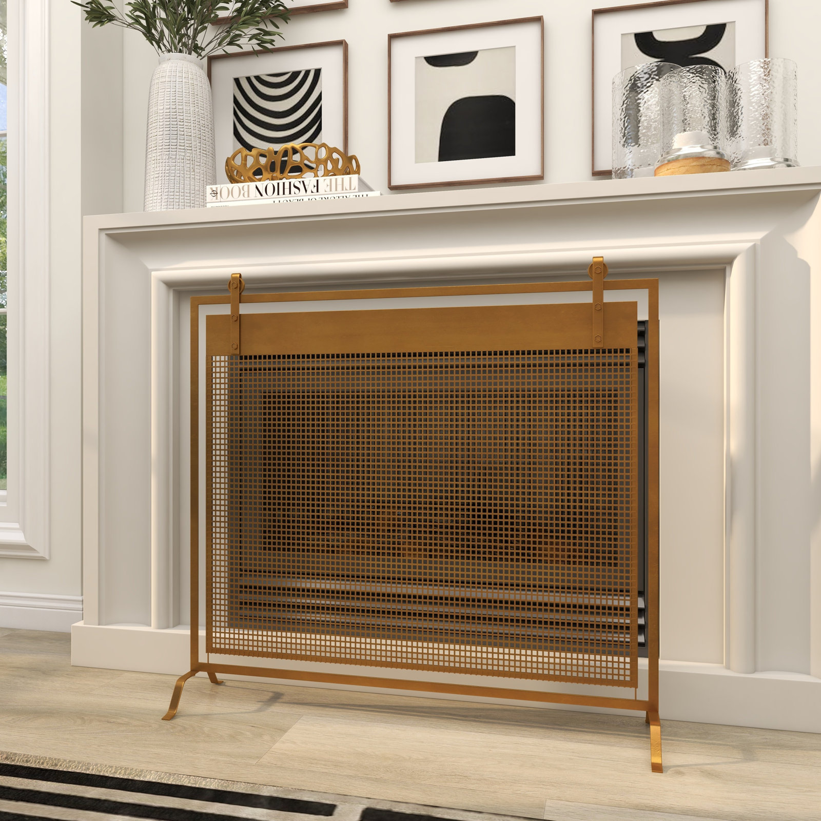 Riggio Suspended Fireplace Screen, Gold