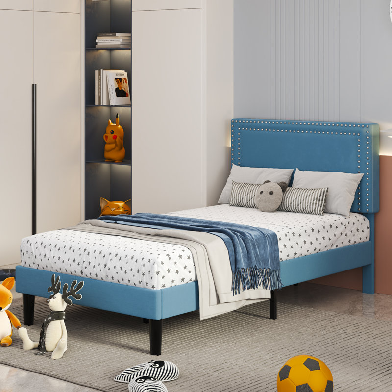 Aldora 2 Pack Light Blue Twin Upholstered Platform Bed Frame with Tufted Adjustable Headboard,Noise-Free Twin Size Bed with 8 Inch Under-Bed Storage
