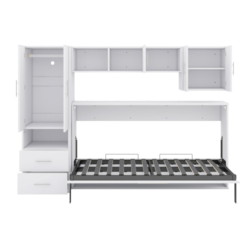 Lit escamotable simple avec tablettes ouvertes, tiroirs et garde-robe et table intégrés