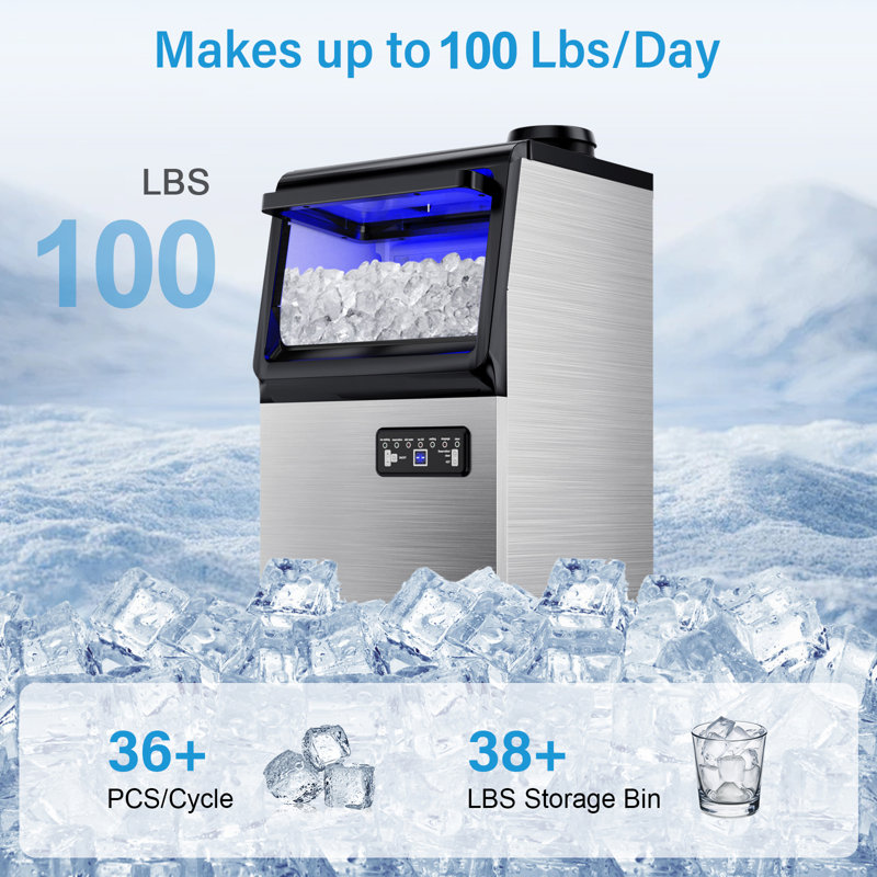 Machine à glaçons 100 lb / jour, intégrée / autoportante avec bac de 40 lb, porte rabattable, pelle et filtre à eau