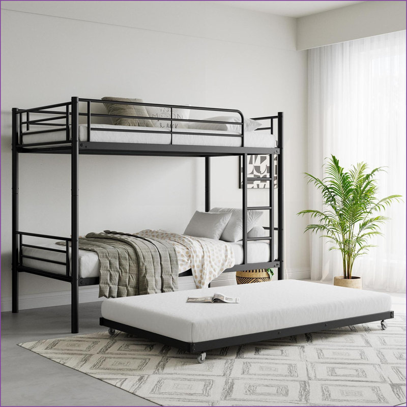Twin Over Twin Metal Bunk Bed with Trundle – No Box Spring Needed, Noise-Free, Black for Dorms &amp; Apartments