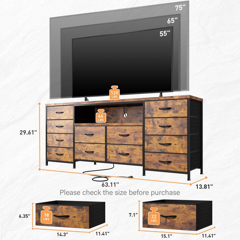  63.11" W 12 Fabric Drawer Dresser For Bedroom, Long Dressers Tv Stand Media Console With Led Lights & Power Outlets, Brown