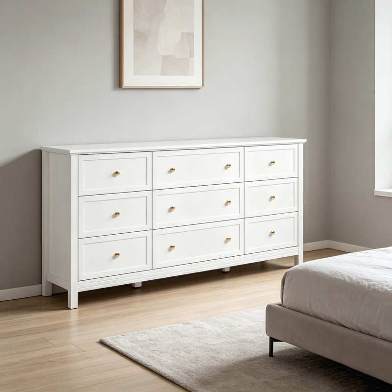 Commode blanche à 9 tiroirs, commode minimaliste en bois avec dispositif anti-basculement pour chambre à coucher, salon et vestibule