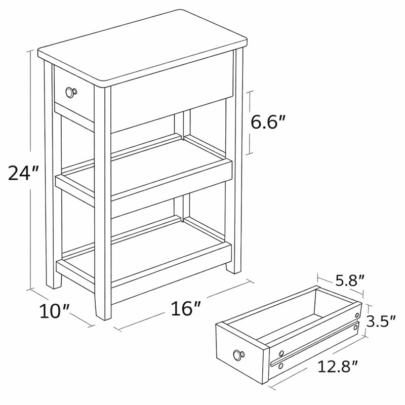 24'' Tall End Table, Narrow Side Table with Drawer and Shelves for Small Space, White, 1