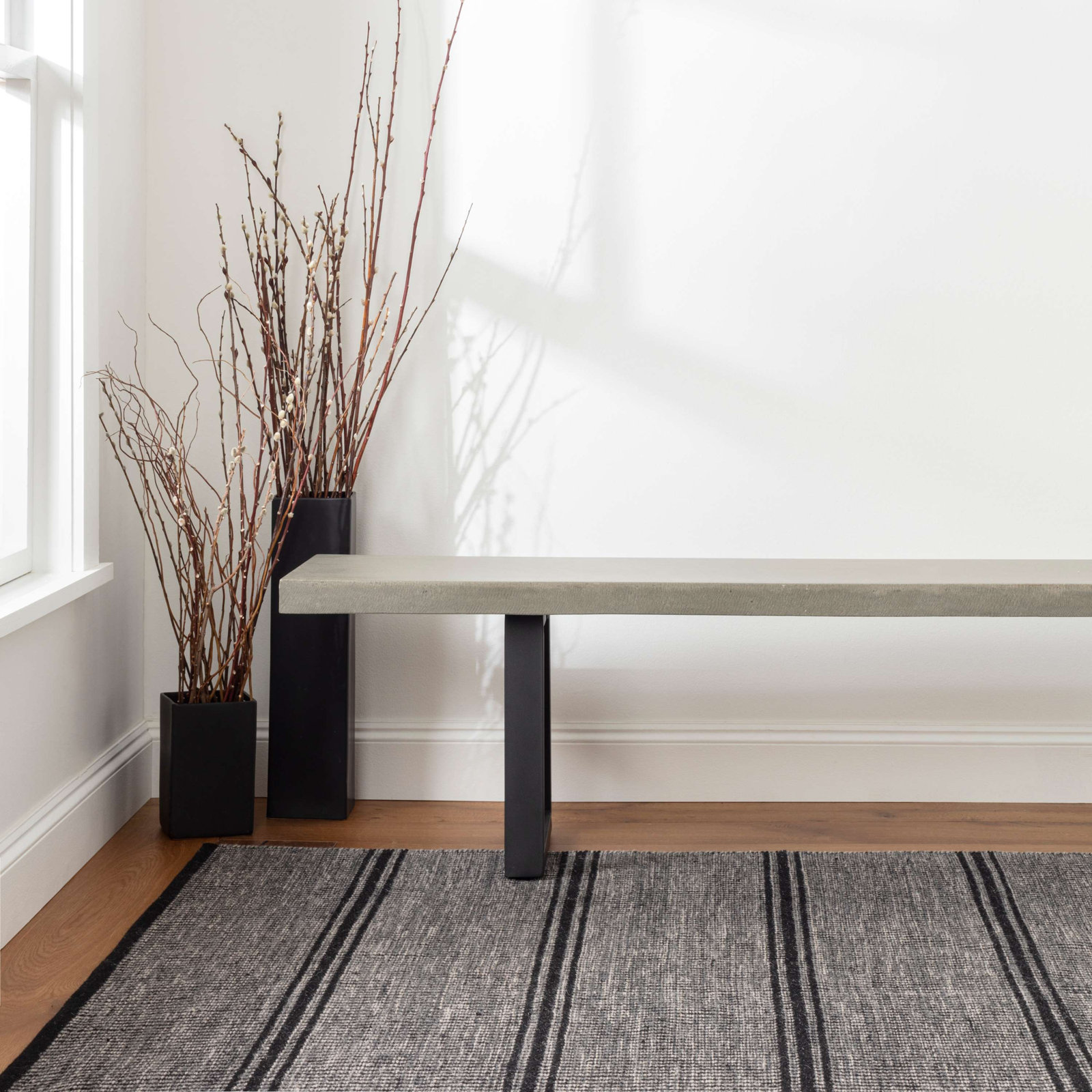 Malta Hand-Woven Striped Wool Rug, Rectangle 5' x 8', Black