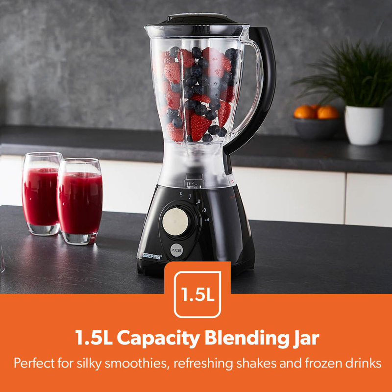 GEEPAS 2-in-1 Food Jug Blender & Smoothie Blender | Ice Crusher Stainless Steel Blades 4 Speeds Pulse Mode | 1.5L Jar Smoothie Milkshake Maker Coffee/Spice Grinder Mill | 1 Year Warranty 550W