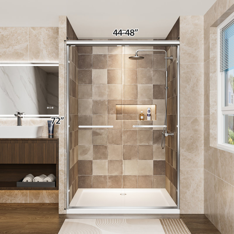 48" Width Aluminum Double Sliding Shower Door, 72" Height, 1/4" (6mm) Tempered Glass With - Proof Film, Waterproof And Reversible Installation In Modern Bathroom Clear Breakage For