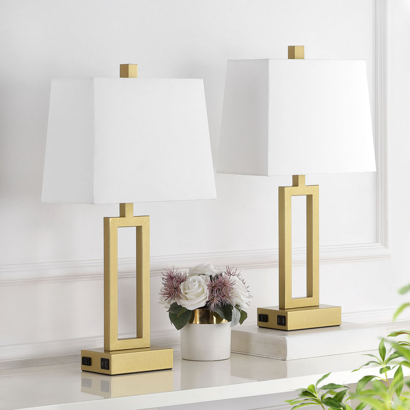 Permelia 23.5" Metal Table Lamp Set with USB, Type-C Ports and Built-in-Oulet, Gold, White