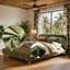 Lit plateforme tapissier en velours vert olive avec tête de lit arrondie