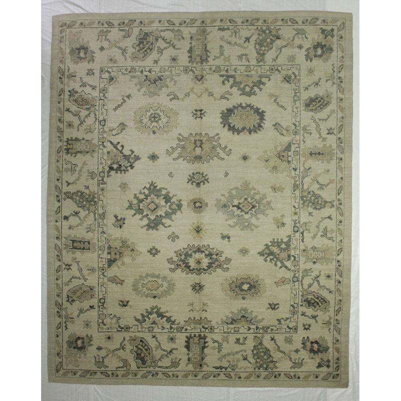 Tapis unique en laine noué à la main ivoire / gris de 8 pi 9 po x 10 pi 11 po One-of-a-Kind